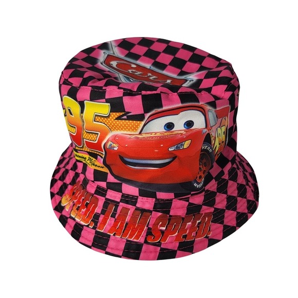 Disney Cars Bucket Hat Lightning McQueen 95 Pink Checkered Kids - Picture 1 of 6